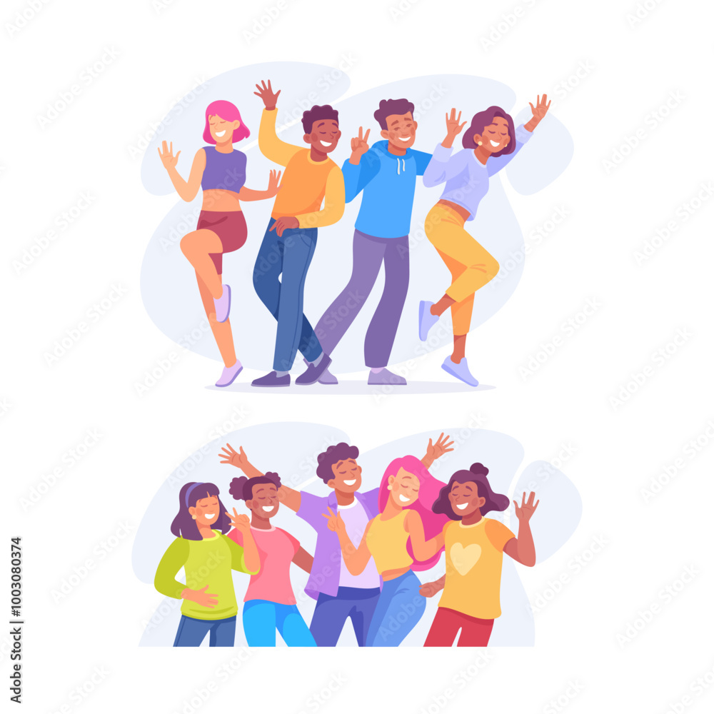 Party with Young Man and Woman Rejoice and Cheering Vector Set Party with Young Man and Woman Rejoice and Cheering Vector Set