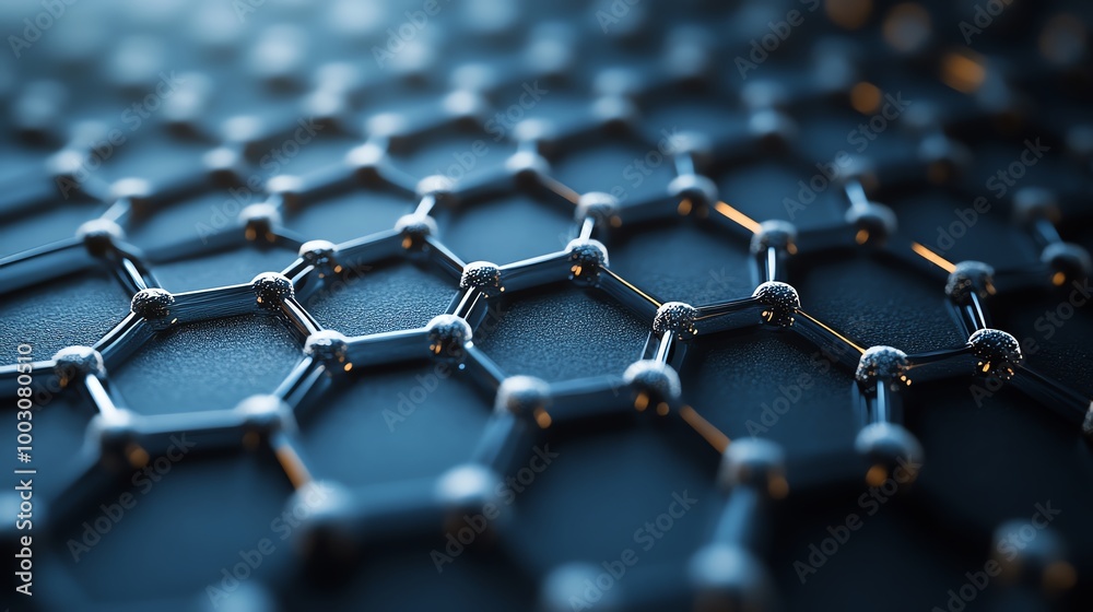 Carbon atoms forming graphene sheets, showcasing the hexagonal pattern of bonds in nanotechnology Carbon atoms forming graphene sheets, showcasing the hexagonal pattern of bonds in nanotechnology