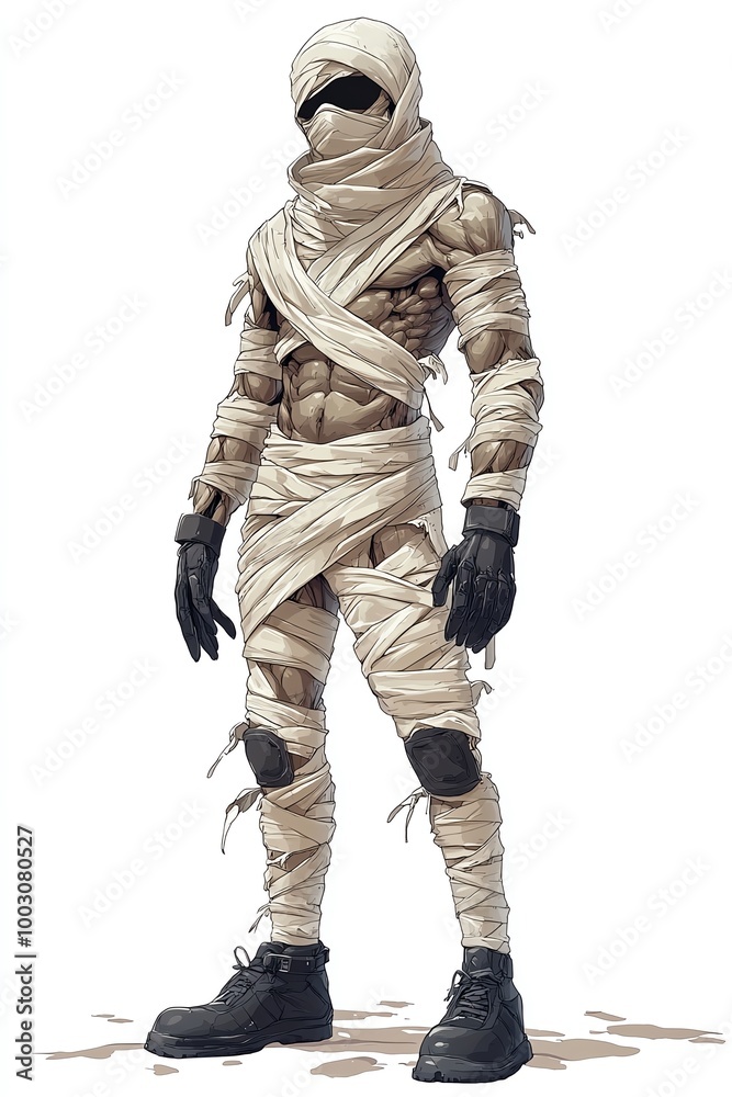 Cartoon mummy with wrapped bandages, black gloves, and boots isolate white background Cartoon mummy with wrapped bandages, black gloves, and boots isolate white background