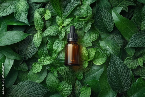 banner design featuring patchouli essential oil bottle amongst green leaves, promoting natural wellness concept photo