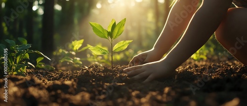 Childs hands planting a sapling in rich soil, with soft sunlight filtering through a forest