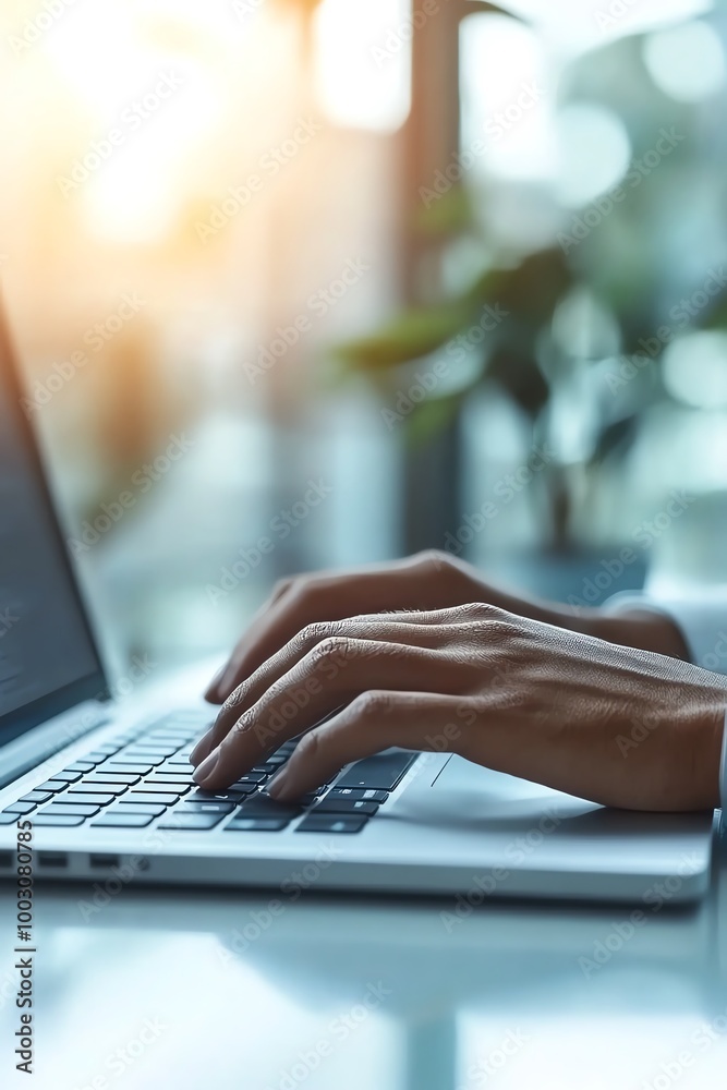 Closeup of hands typing on a sleek laptop, modern office background Closeup of hands typing on a sleek laptop, modern office background