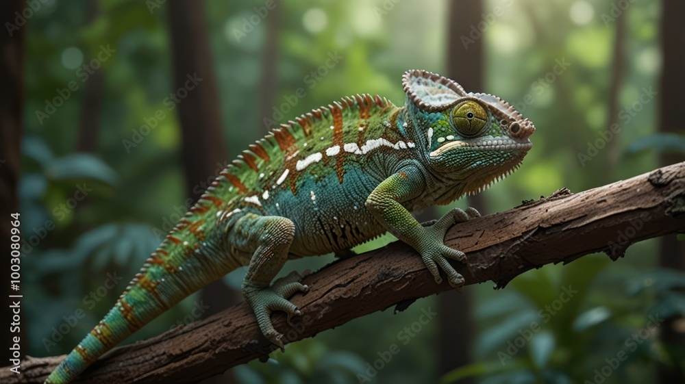 Fototapeta premium realistic illustration of a green chameleon on the branch of tree