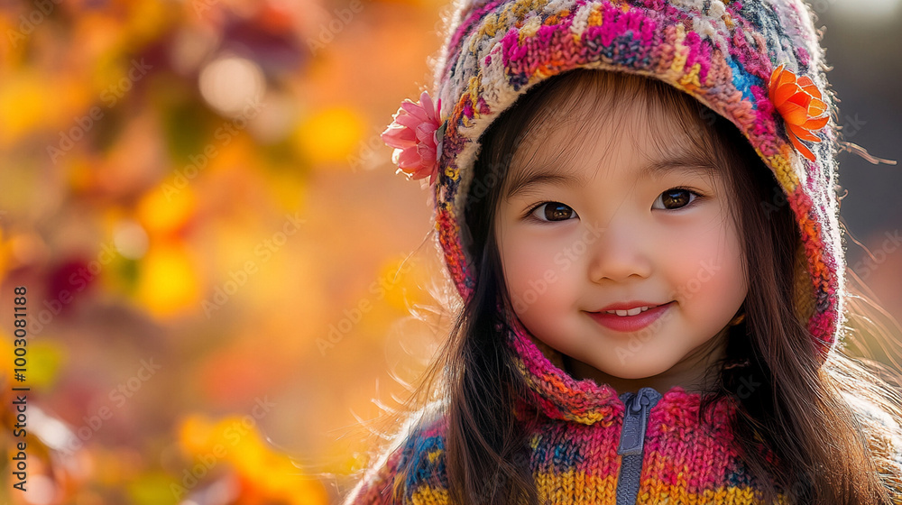 Autumn vives cute little asian girl wearing comfy sweater and knitted cap, smiling at the camera