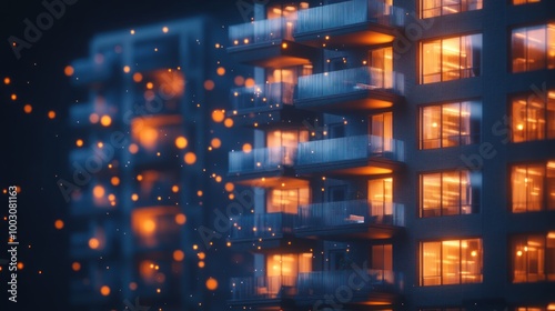 A nighttime view of modern apartment buildings with glowing windows and floating particles.