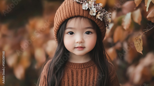 Autumn vives cute little asian girl wearing comfy sweater and knitted cap, smiling at the camera photo