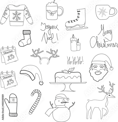 Ensemble illustrations noël traits vecteur célébration renne bonhomme de neige bonnet moufles mug pull