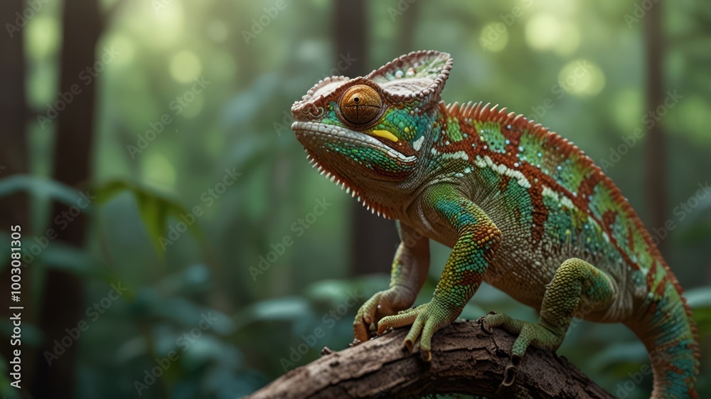 Fototapeta premium realistic illustration of a green chameleon on the branch of tree