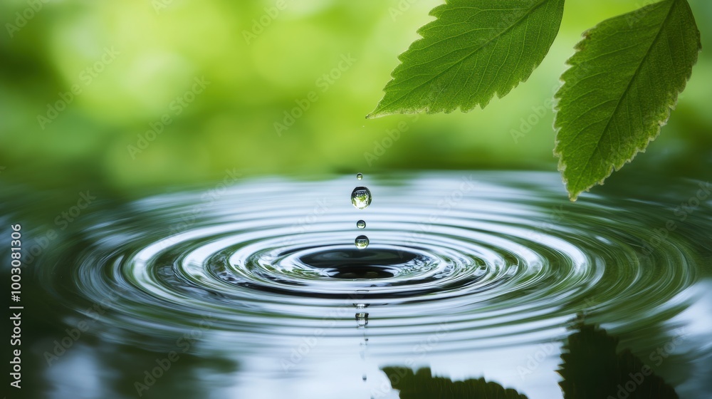 A single raindrop creating a perfect circular ripple in a still pond, reflecting the surrounding greenery. A single raindrop creating a perfect circular ripple in a still pond, reflecting the surrounding greenery.