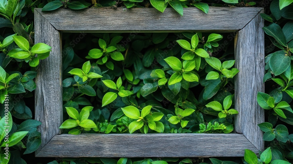 A wooden frame embedded in lush green foliage, creating a natural picture window.