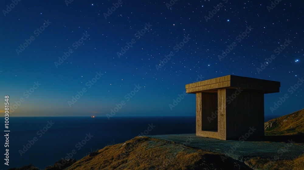 Fototapeta premium A solitary structure overlooks the ocean under a starry night sky.