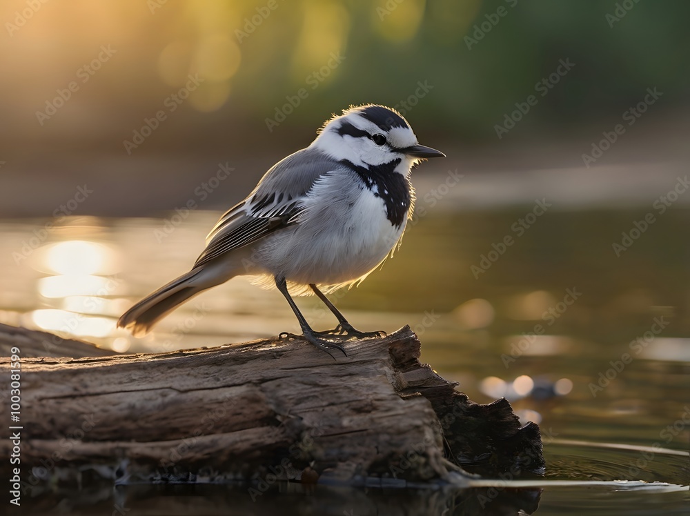 White Wagtail Bird Perched on Log in Water at Sunset White Wagtail Bird Perched on Log in Water at Sunset