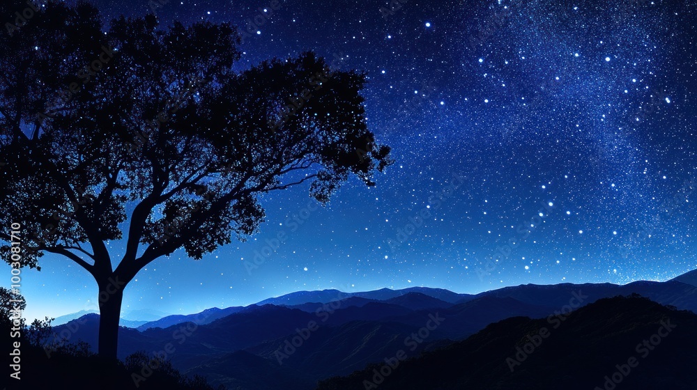 A serene night sky filled with stars above a silhouetted tree and mountains. A serene night sky filled with stars above a silhouetted tree and mountains.