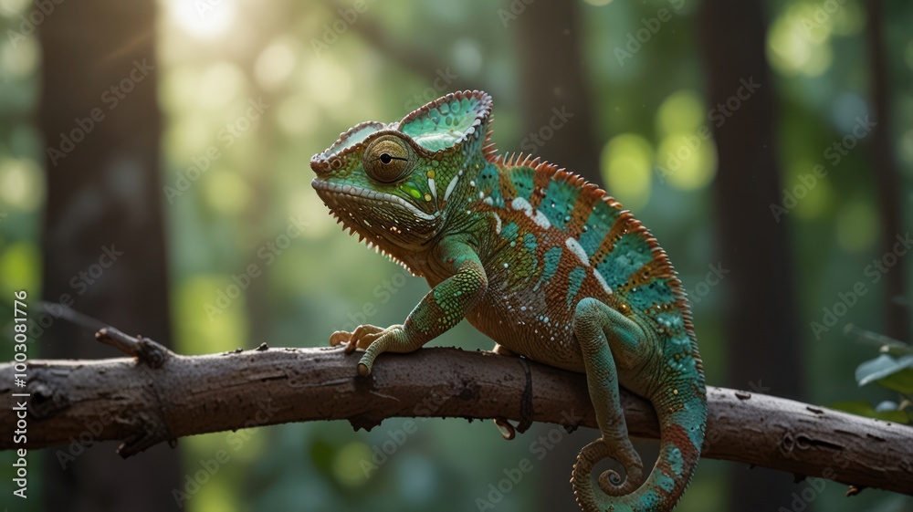 Obraz premium realistic illustration of a green chameleon on the branch of tree