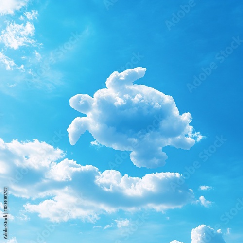 Fresh blue sky with floated white soft and fluffy clouds shown shaping like a turtle creep or crawling