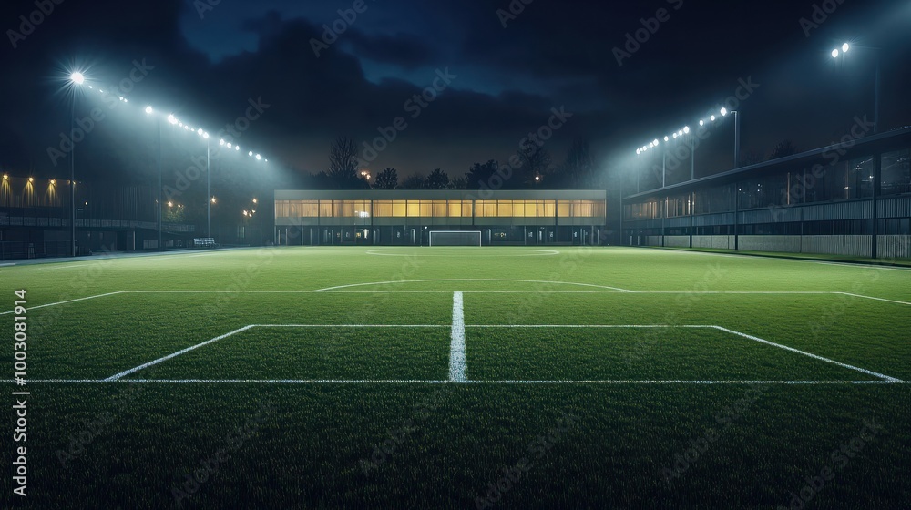 Fototapeta premium empty soccer field stadium at night with a line and light