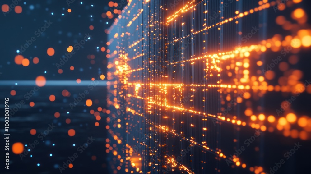 Fototapeta premium A digital representation of data flow with glowing particles and lines.