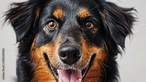 Wallpaper Mural A close-up of a black and brown dog's face, looking directly at the camera with a happy expression Torontodigital.ca