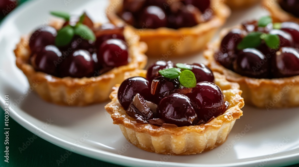 Grape and caramelized onion tartlet, displayed on a white plate with a deep emerald green background Grape and caramelized onion tartlet, displayed on a white plate with a deep emerald green background