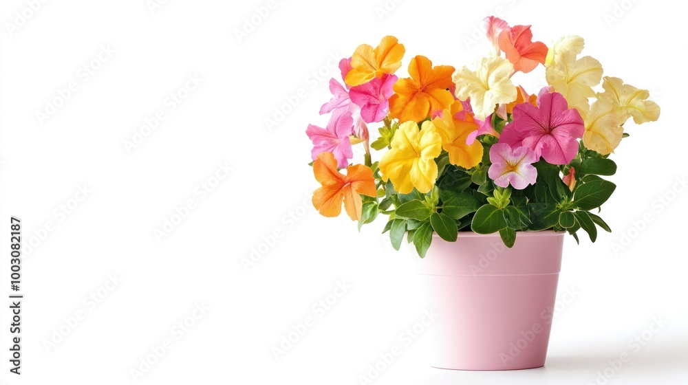 A vibrant arrangement of colorful flowers in a pink pot, enhancing decor and nature. A vibrant arrangement of colorful flowers in a pink pot, enhancing decor and nature.