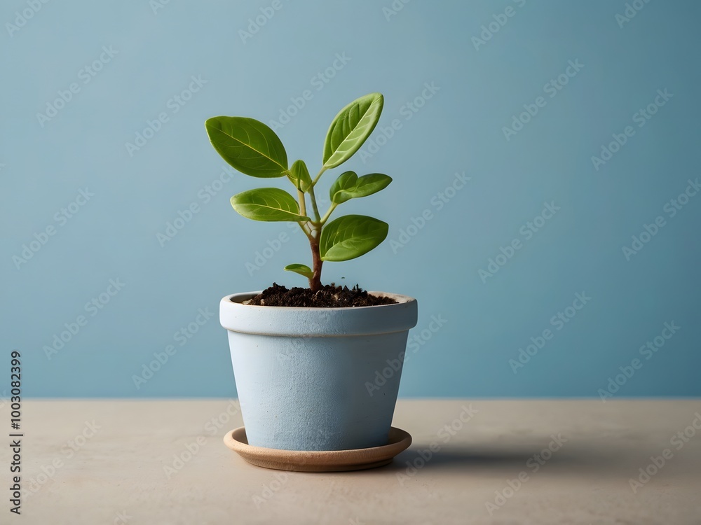 Fototapeta premium Green Plant in Blue Pot with Light Blue Background