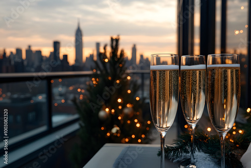 Champagne Toast on Rooftop Terrace with City Skyline and Christmas Lights photo