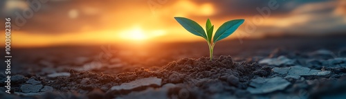 Seedling emerging from cracked, dry soil at sunset, symbolizing resilience and hope
