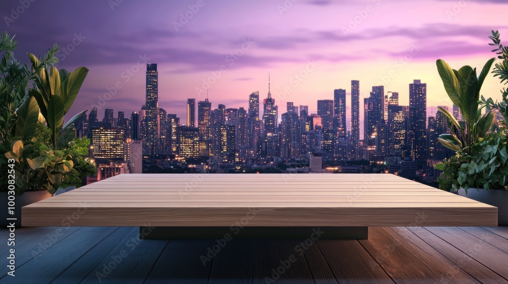 Obraz premium A wooden platform in front of a city skyline at sunset, surrounded by greenery.