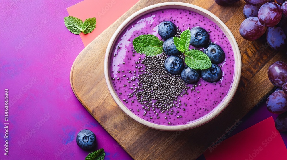 Grape and mint smoothie bowl with chia seeds, arranged on a wooden cutting board against a vibrant geometric backdrop Grape and mint smoothie bowl with chia seeds, arranged on a wooden cutting board against a vibrant geometric backdrop