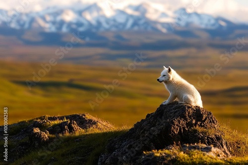Arctic fox sitting on a rock in nature