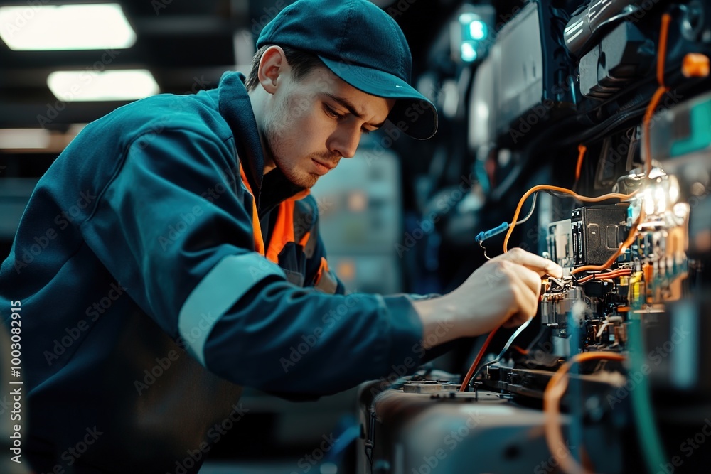 Focused technician working on industrial machine wiring Focused technician working on industrial machine wiring