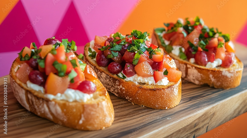 Grape and ricotta bruschetta, placed on a rustic wooden board with a neon pink and orange geometric backdrop Grape and ricotta bruschetta, placed on a rustic wooden board with a neon pink and orange geometric backdrop