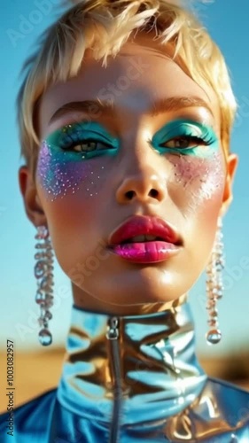 portrait of a beautiful fashion model with bright neon green makeup and sparkling earrings and clothes