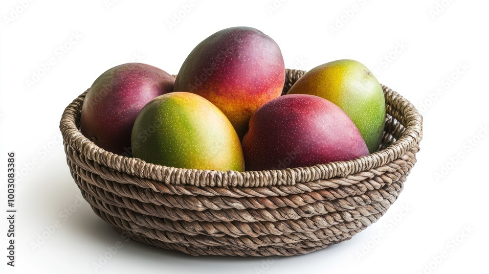 A woven basket filled with ripe mangoes showcasing vibrant colors. A woven basket filled with ripe mangoes showcasing vibrant colors.