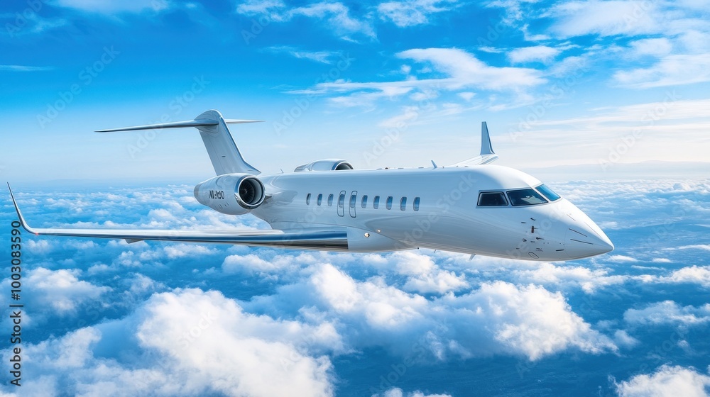 A sleek private jet flying above fluffy clouds against a bright blue sky. A sleek private jet flying above fluffy clouds against a bright blue sky.