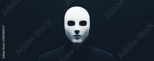 Mysterious figure with a white mask against a dark background, symbolizing anonymity and identity.