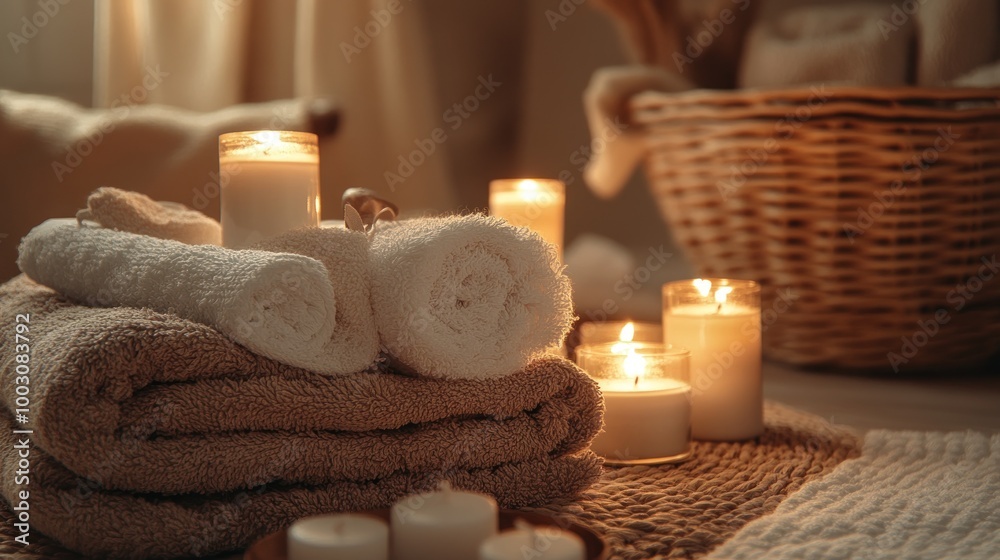 A serene spa setting with rolled towels, candles, and a wicker basket for relaxation. A serene spa setting with rolled towels, candles, and a wicker basket for relaxation.