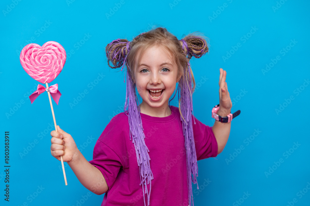 Happiness, childhood, kid and sweets. A happy little girl holding a heart shaped lollipop caramel on a stick, A festive candy in the hands of child in pink t-shirt on blue background. Valentines Day Happiness, childhood, kid and sweets. A happy little girl holding a heart shaped lollipop caramel on a stick, A festive candy in the hands of child in pink t-shirt on blue background. Valentines Day