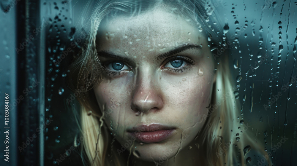 Close-up of a woman looking through a rain-covered window Close-up of a woman looking through a rain-covered window