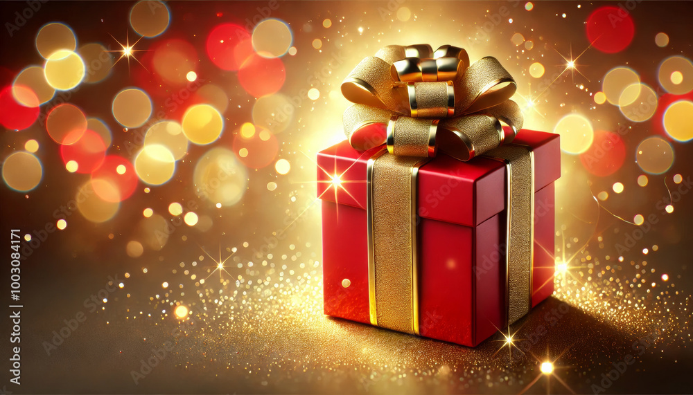high-definition image of a single red gift box with a golden ribbon on a sparkling festive background high-definition image of a single red gift box with a golden ribbon on a sparkling festive background
