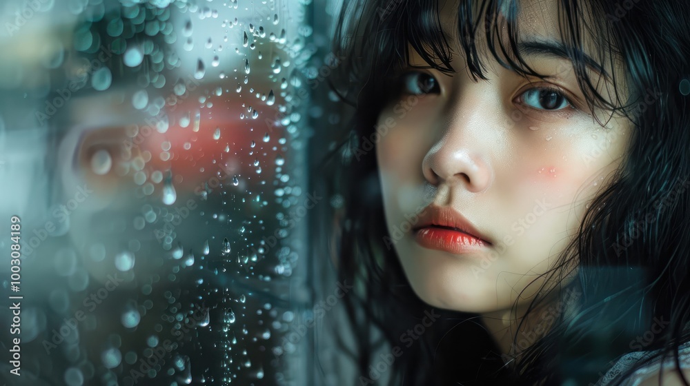 Melancholic Portrait of an Asian Girl by a Rainy Window Melancholic Portrait of an Asian Girl by a Rainy Window