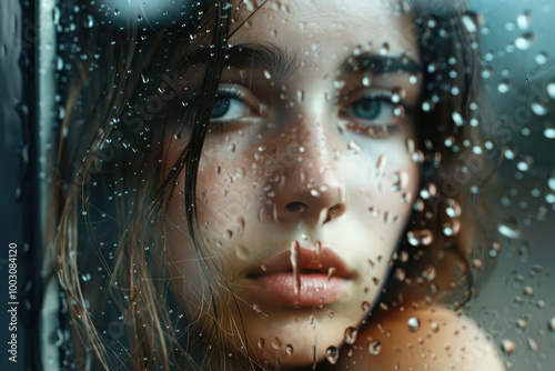 Woman's face through rain-covered glass window