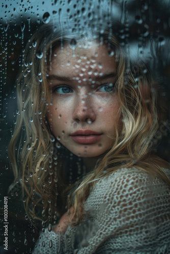 Close-up of a woman looking through a rain-covered window