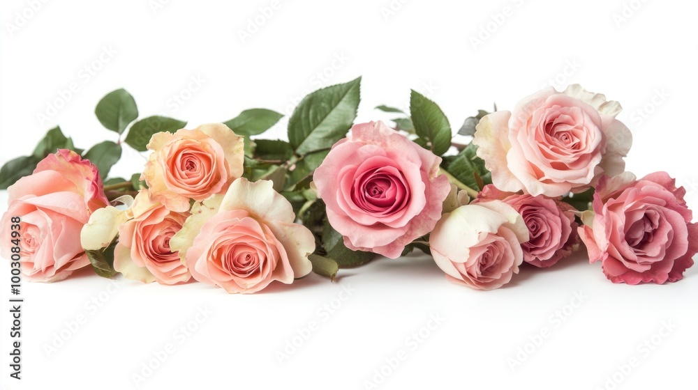 A beautiful arrangement of various roses in soft colors on a white background. A beautiful arrangement of various roses in soft colors on a white background.