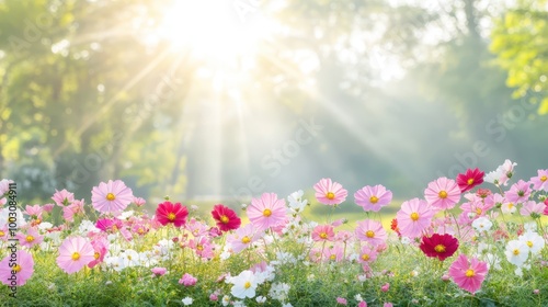 A colorful field of wildflowers basking in the morning sunlight, with beams of soft light streaming through the trees, creating a peaceful meadow scene.