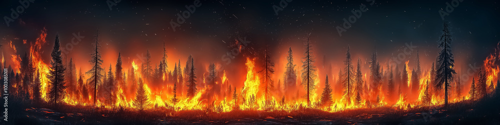 A dramatic depiction of a raging burning wildfire, suitable for environmental awareness campaigns and discussions about climate change. A dramatic depiction of a raging burning wildfire, suitable for environmental awareness campaigns and discussions about climate change.