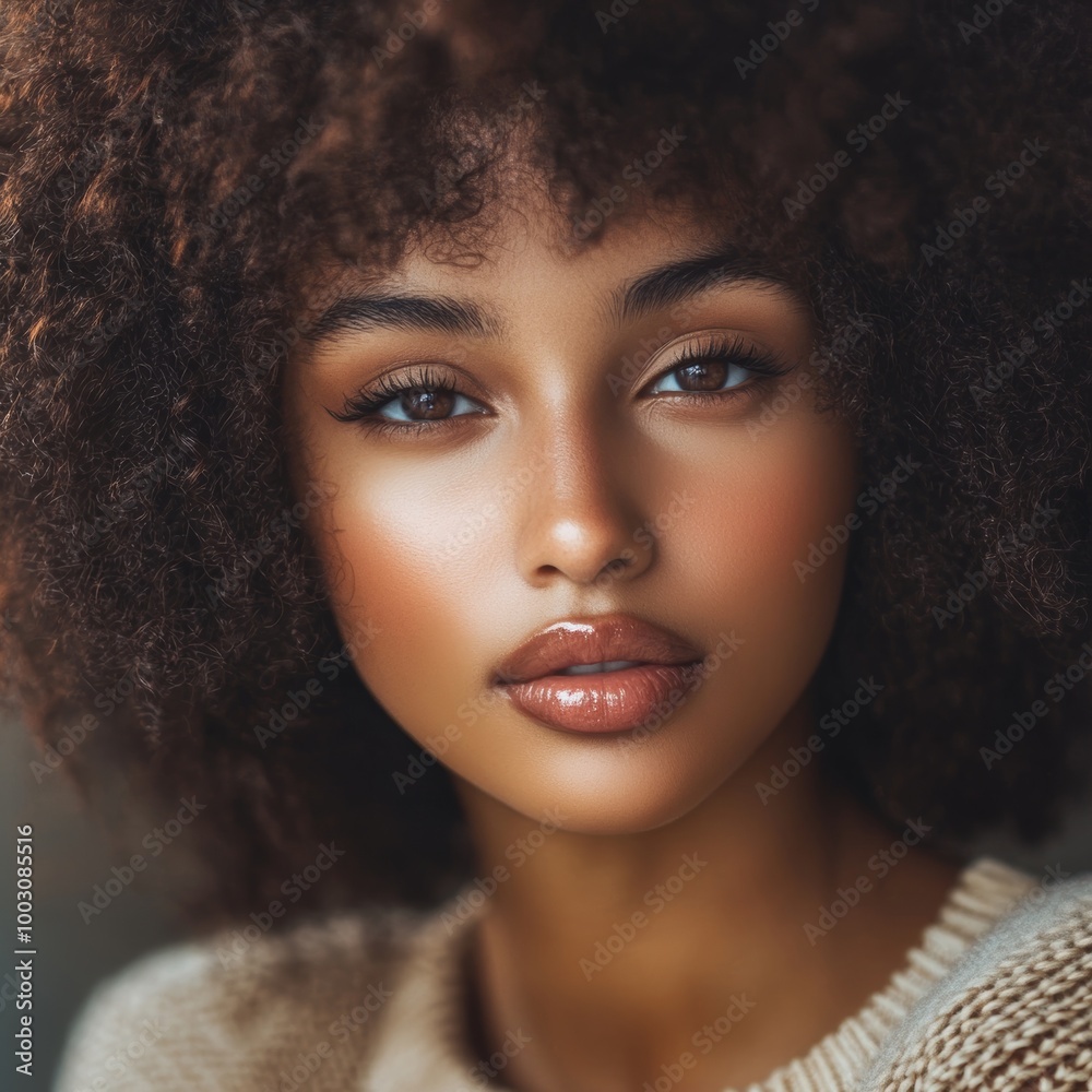 Closeup portrait of beautiful african american woman with curly hair Closeup portrait of beautiful african american woman with curly hair