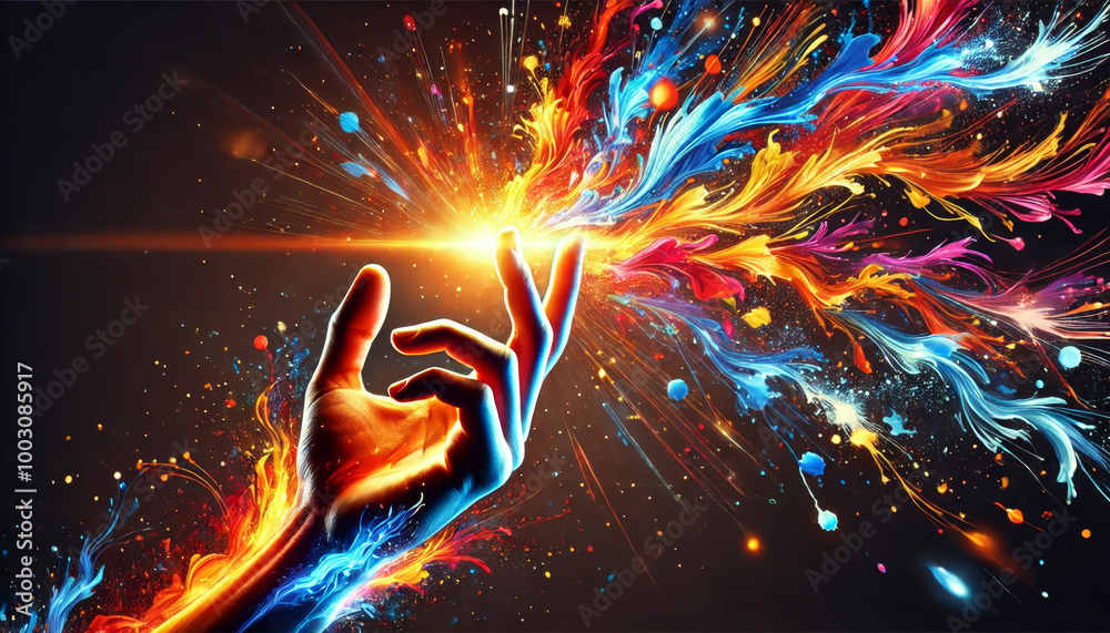 high-quality image of a hand reaching upwards with vibrant colorful bursts of energy and paint splashes high-quality image of a hand reaching upwards with vibrant colorful bursts of energy and paint splashes