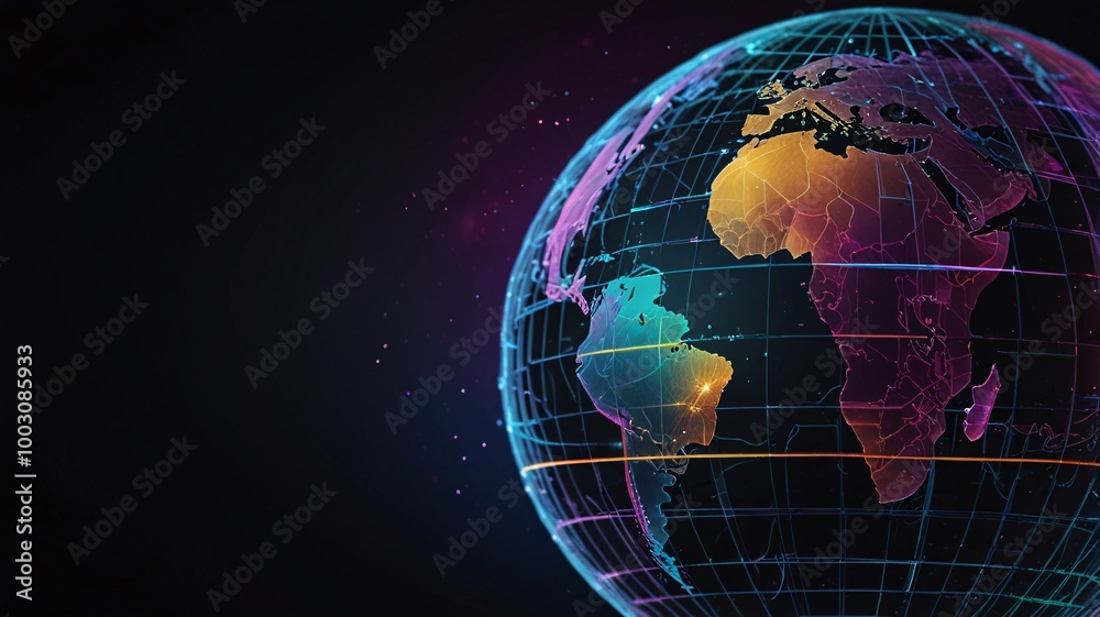 Naklejka premium Comprehensive Global Network Infrastructure Connecting Regions and Nations, Focusing on Internet Data and Media Technology.