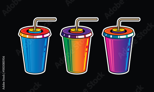 Fast food plastic cup with straw. Hot or cold drink. Original vector illustration in vintage style.